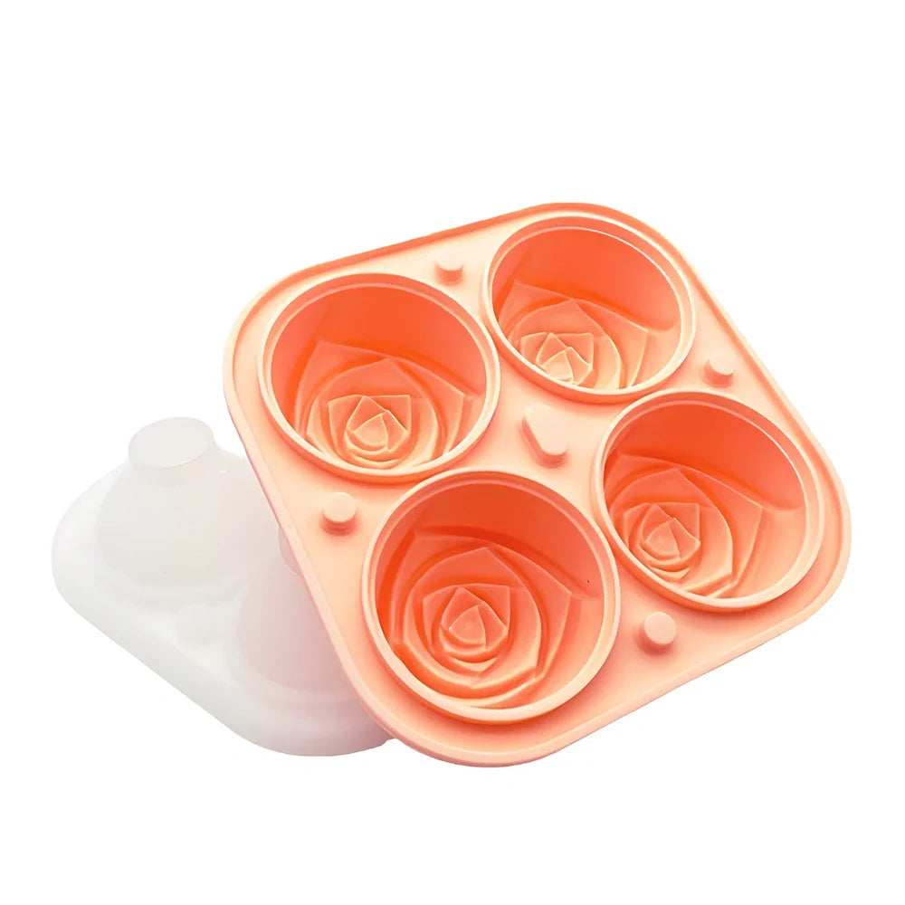Orange silicone ice mould with 2.5-inch rose shapes and built-in filling funnel