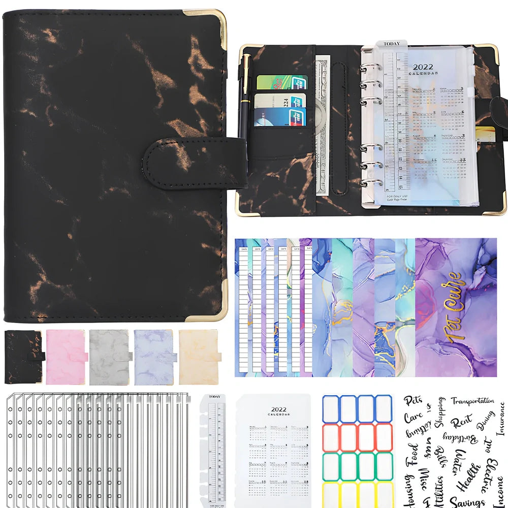 A6 leather PU binder journal open showing colour budget sheets and zip pockets with spiral binding