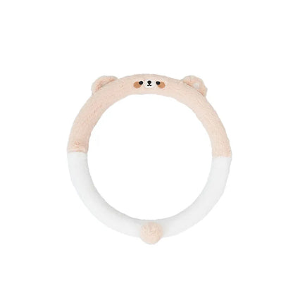 Plush steering wheel cover with rabbit fur embroidery showing cartoon animal design on 38cm diameter