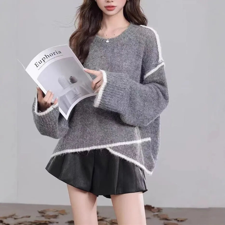 Women's loose cotton pullover sweater in gray or milky white with regular sleeves, free size