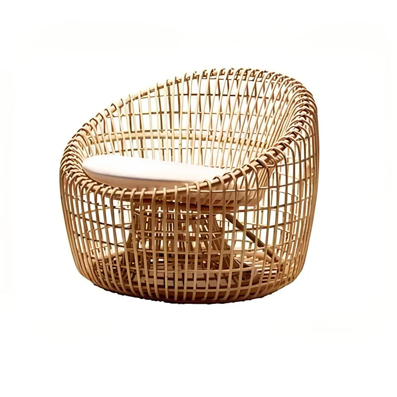 Outdoor woven rattan furniture set with sponge cushions showing chair, sofa, and tea table configuration options