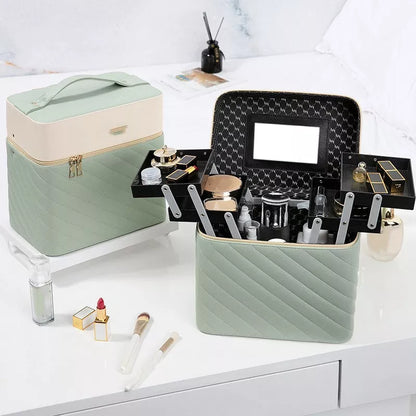Portable PU leather cosmetics and jewelry storage box with hard handle and zipper pockets