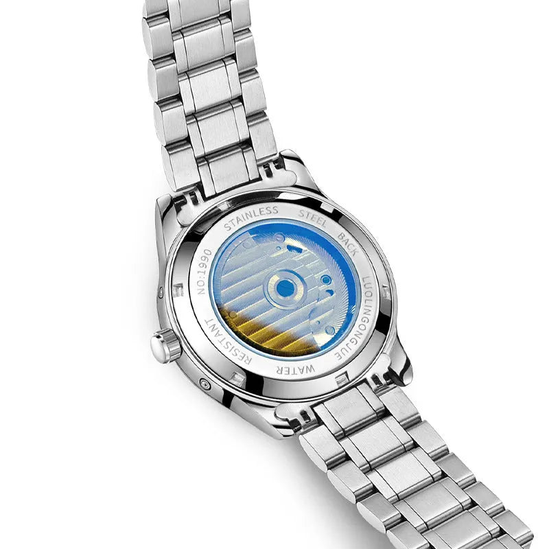 Men's stainless steel mechanical watch with sapphire crystal glass and genuine leather strap on wrist