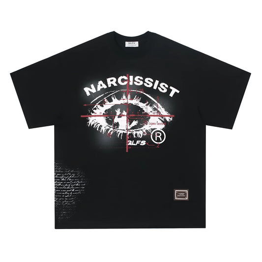 Black and white graphic t-shirt with retro hip hop gothic letter print, short sleeves.