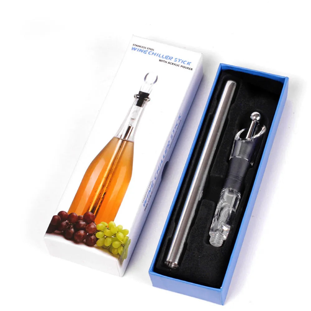 Stainless steel wine chilling rod with acrylic aerator pourer for cooling bottles from inside