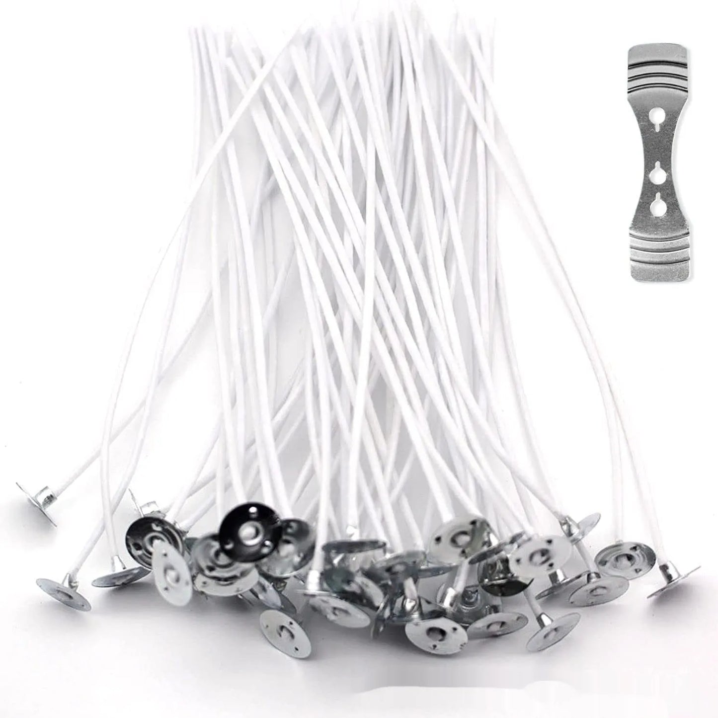 White cotton candle wicks in three lengths: 2.6cm, 6cm, and 8cm, for DIY candle making.
