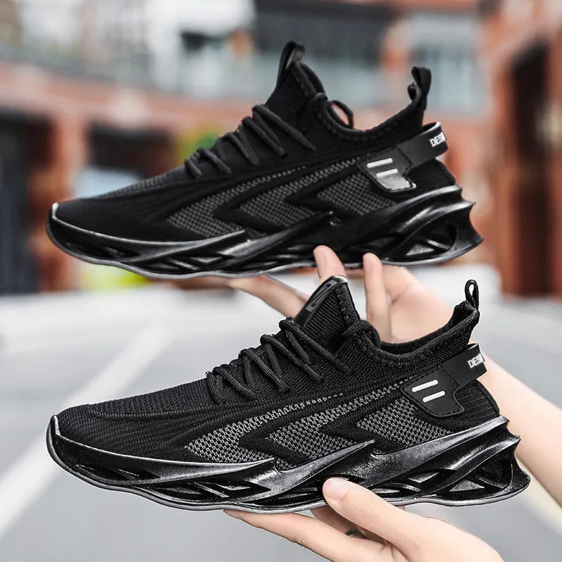 Men's summer mesh running casual shoes with front tie, flat heel, EVA insole and injection sole, in black, blue or grey