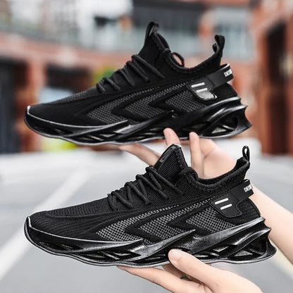 Men's summer mesh running casual shoes with front tie, flat heel, EVA insole and injection sole, in black, blue or grey