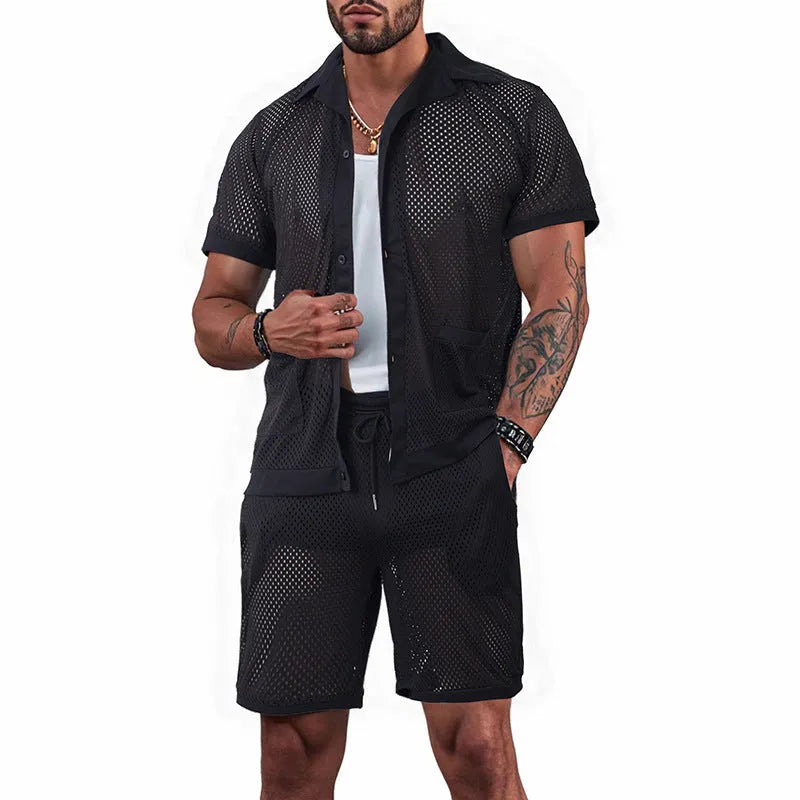 Women's lake blue see-through short sleeve cardigan and matching shorts beach cover-up set laid flat.