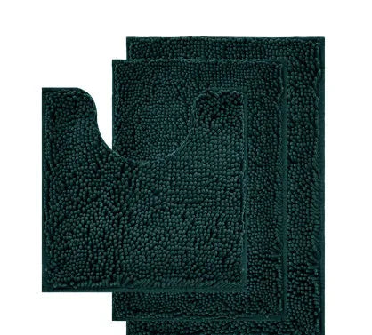 Chenille three-piece bathroom carpet set with U-shaped toilet mat, TPR backing, in green colour variations