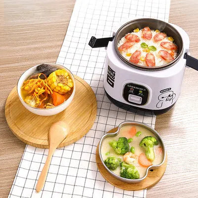Compact round rice cooker with steam pan, non-stick inner pot, and mechanical dial, sized 160mm x 160mm x 190mm.