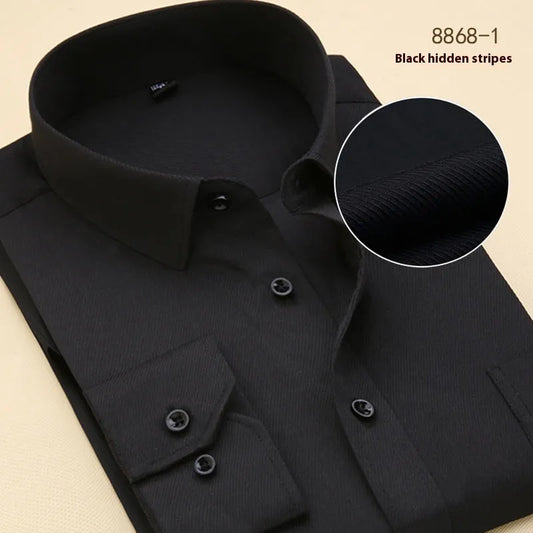 Men's black slim fit business shirt with long sleeves, 100% cotton fabric, shown on hanger with size tag visible