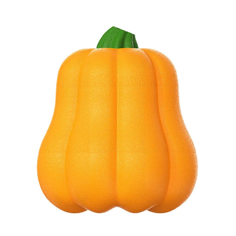 Orange pumpkin-shaped plastic dog toy with attached rope for throwing