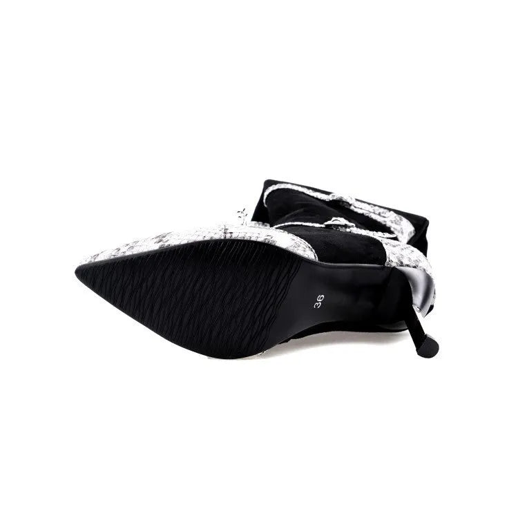 Women's grey and black knee-high boots with 9cm thin high heels, velvet lining, and rubber soles