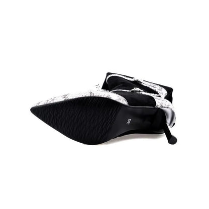 Women's grey and black knee-high boots with 9cm thin high heels, velvet lining, and rubber soles
