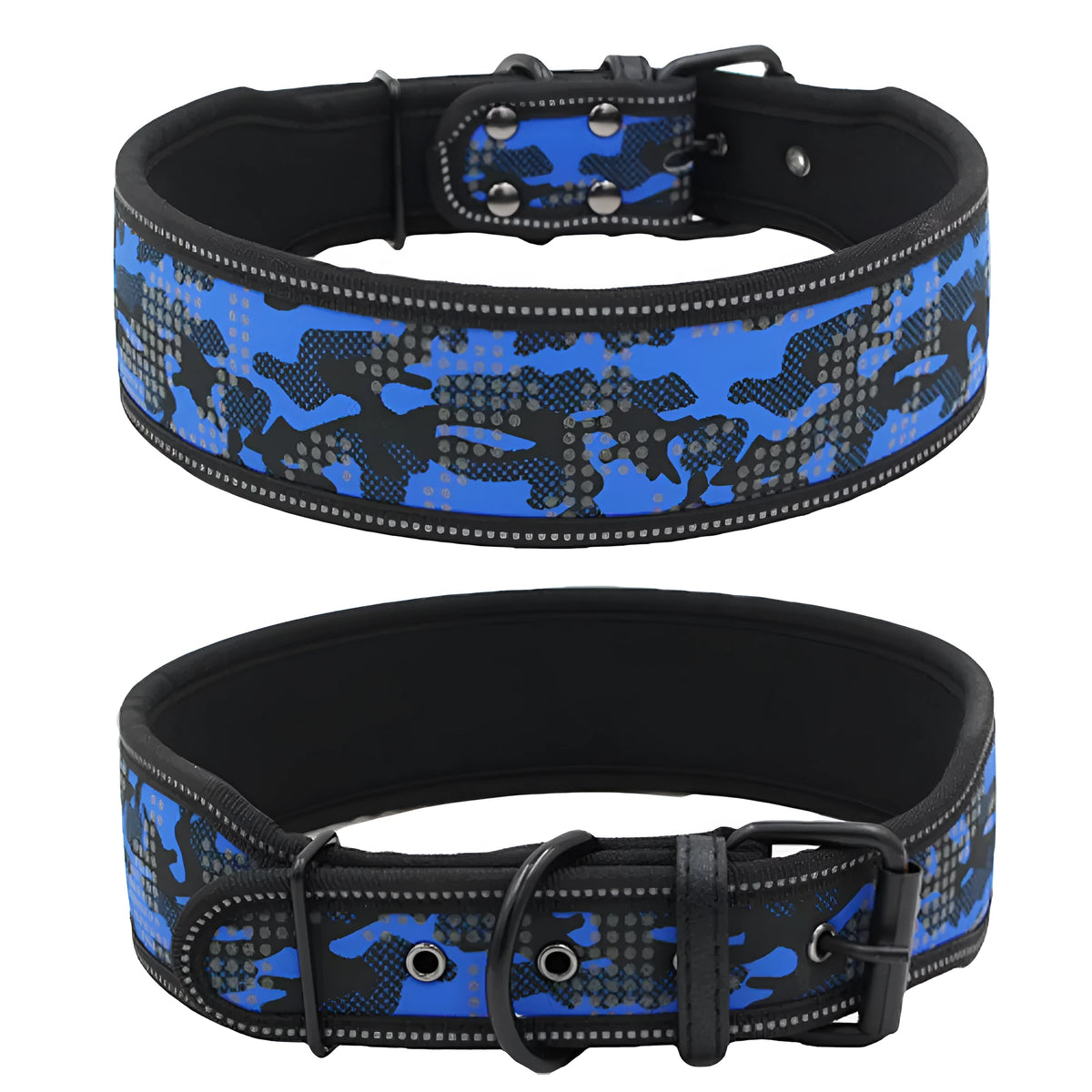 Reflective camouflage nylon dog collar in blue, black, red, or grey, sizes S 46cm, M 56cm, L 66cm, with optional matching lead