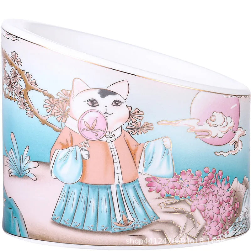 Chinese style ceramic cat bowl set with high legs and double bowl design