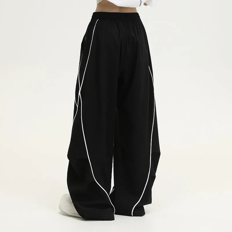 Black stripe pattern pleated hip hop sports wide-leg trousers with mid-waist fit