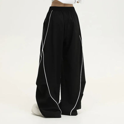 Black stripe pattern pleated hip hop sports wide-leg trousers with mid-waist fit