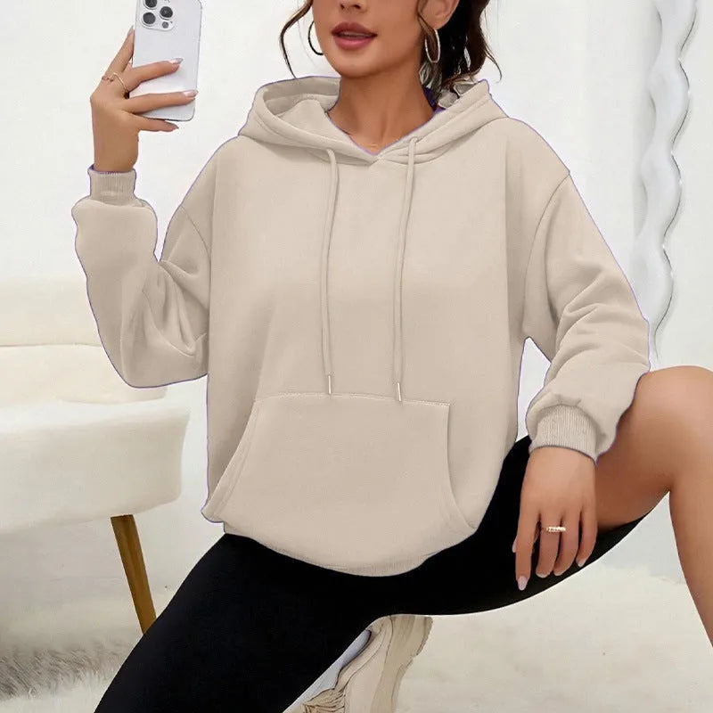 Women's loose grey sweatshirt with drawstring neck and front pocket, long sleeves, available in 17 colours