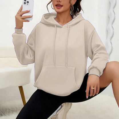 Women's loose grey sweatshirt with drawstring neck and front pocket, long sleeves, available in 17 colours