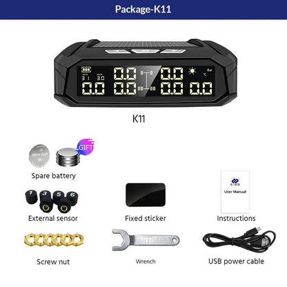 Solar external tyre pressure monitor with colour digital screen for six-wheel vehicles