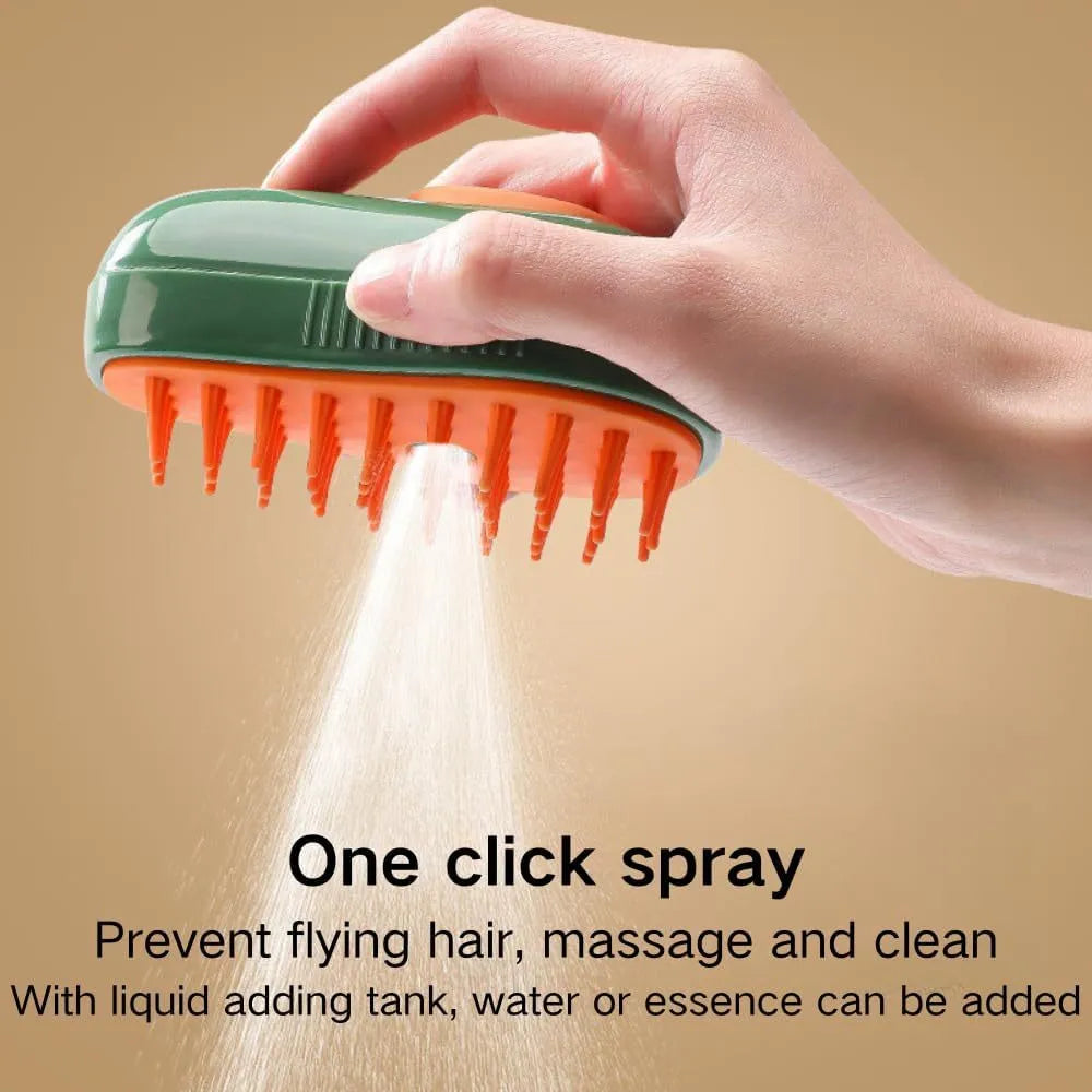 Green or white Cat Steam Brush 3-in-1 with water spray, silicone teeth, measuring 11x7.5x5.5cm