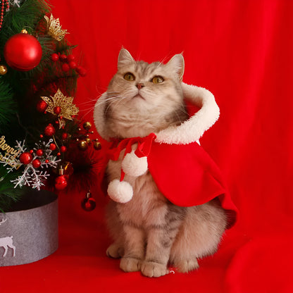 Red Christmas hooded cloak for pets made from polar fleece material on dog model