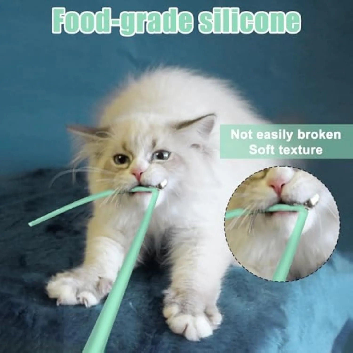Green automatic electronic cat wand toy with silicone tails moving, placed on a carpet.