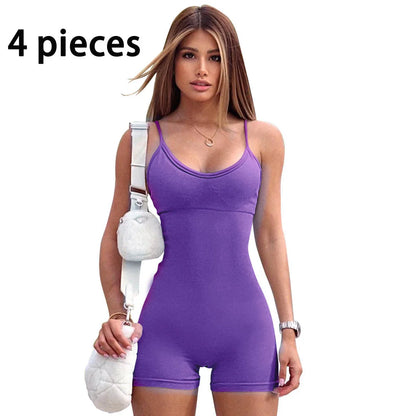 Stylish spaghetti strap jumpsuit in various vibrant colors, perfect for yoga, workouts, and everyday wear.