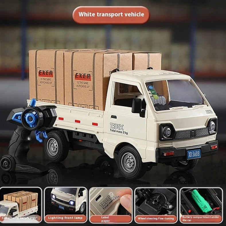 Blue remote control city truck with LED lights illuminated, demonstrating spray sound effect activation during operation