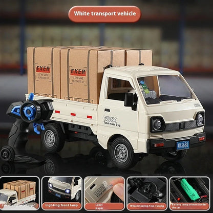 Blue remote control city truck with LED lights illuminated, demonstrating spray sound effect activation during operation