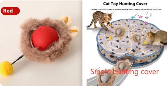Plush silicone rolling ball cat toy in red, green, and grey colour options for feline self-play entertainment