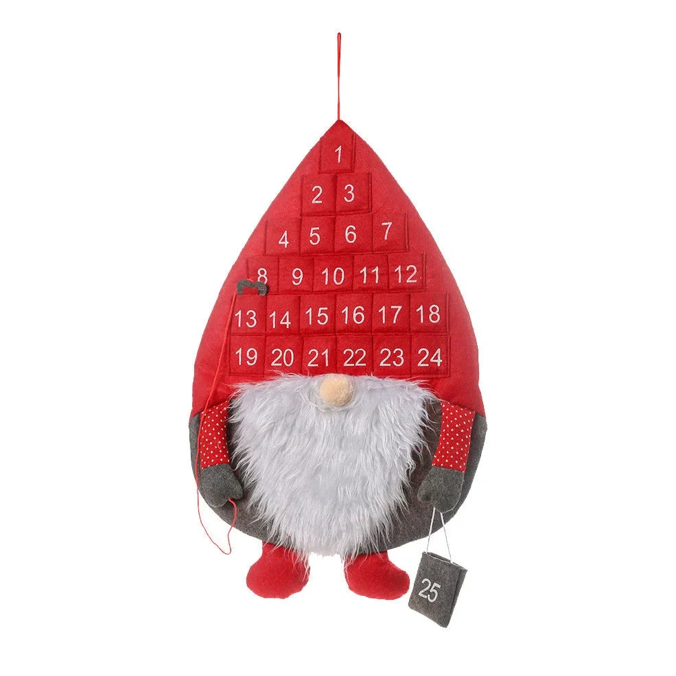 Red Santa Claus faceless advent calendar with 24 pockets hanging on wall