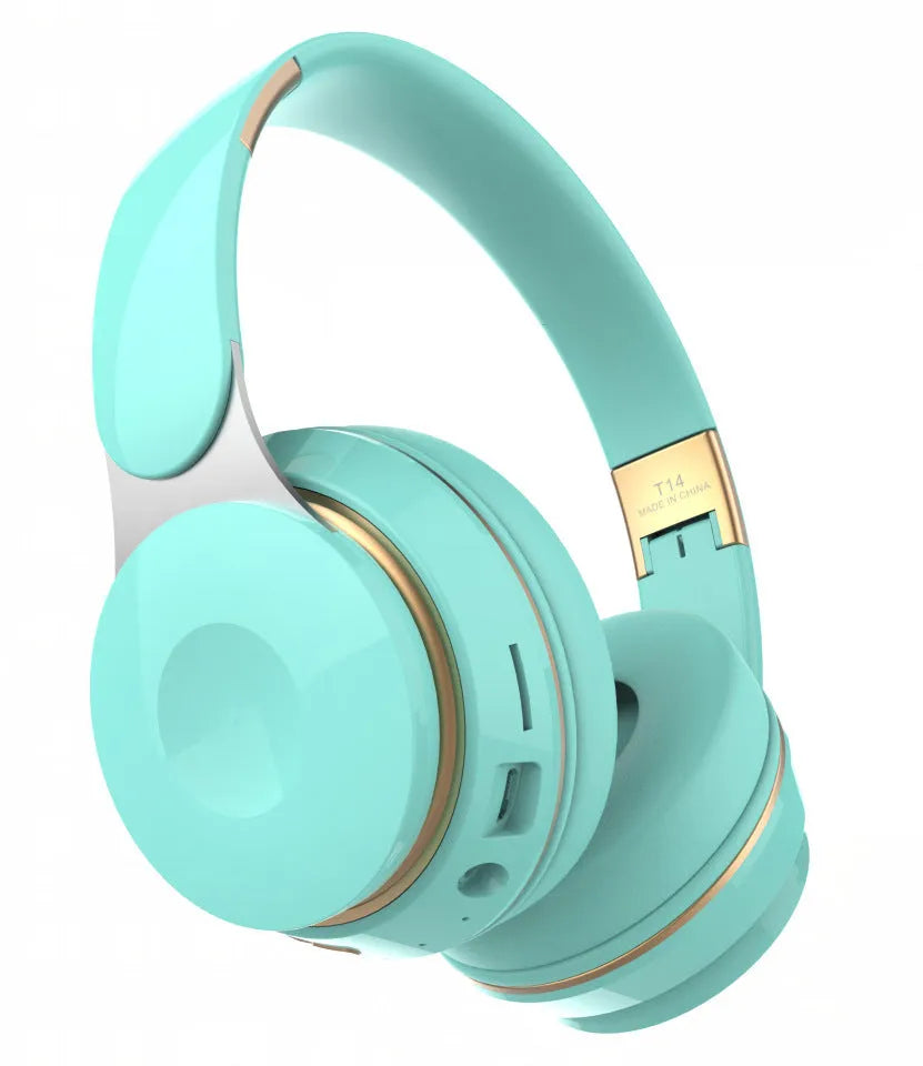 Foldable wireless Bluetooth headset in various colours showing head-mounted design