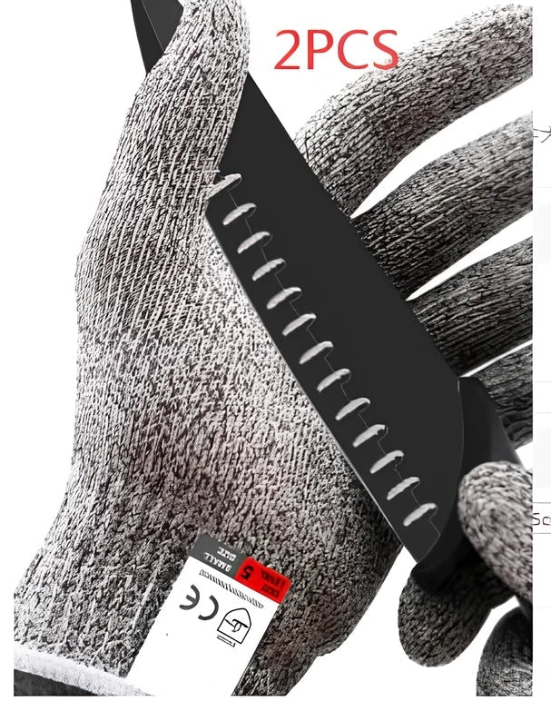 Grey cut-resistant gloves with stainless steel wire construction and adjustable belt closure