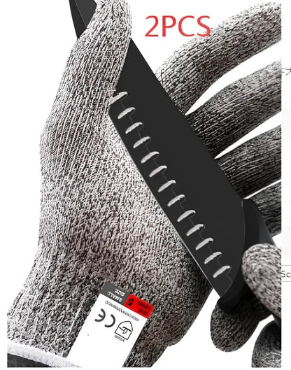 Grey cut-resistant gloves with stainless steel wire construction and adjustable belt closure