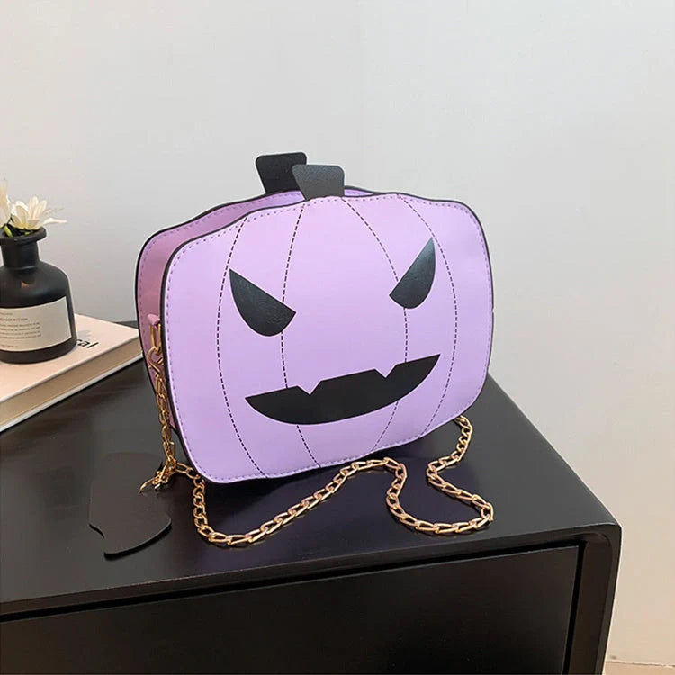 Halloween Cartoon Pumpkin Shoulder Bag in various colors with adjustable chain strap