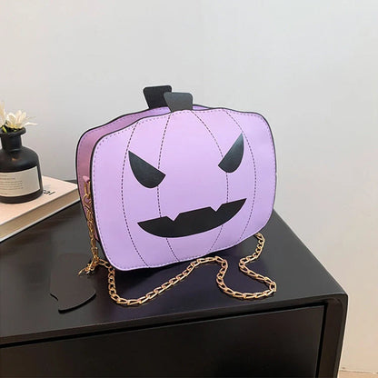 Halloween Cartoon Pumpkin Shoulder Bag in various colors with adjustable chain strap