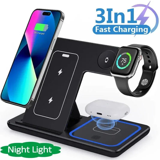 3-in-1 wireless charging station for smartphones, smartwatches, and earbuds with dual charging coils and safety features
