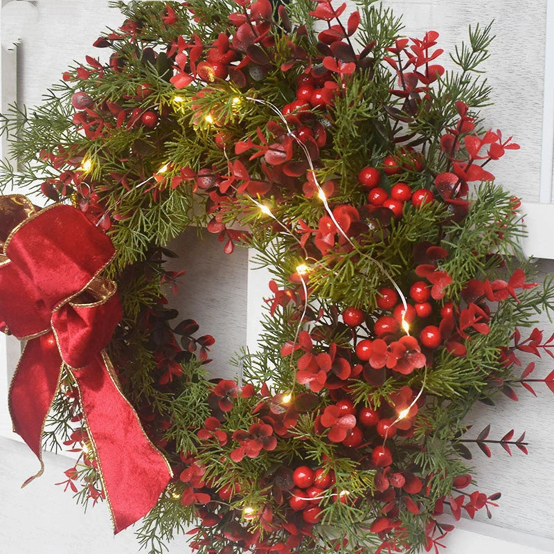 45CM Artificial Cherry Pattern Christmas Wreath with LED Lights for festive holiday decoration