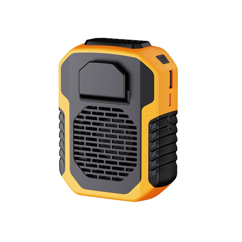 Portable waist fan with USB charging in green, black, and orange colors
