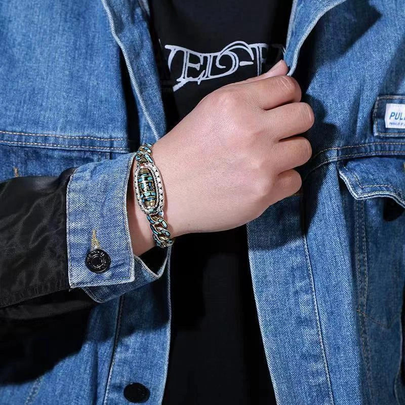 Men's Feng Shui Copper Bracelet with rotating nine eye pearl and turquoise inlay