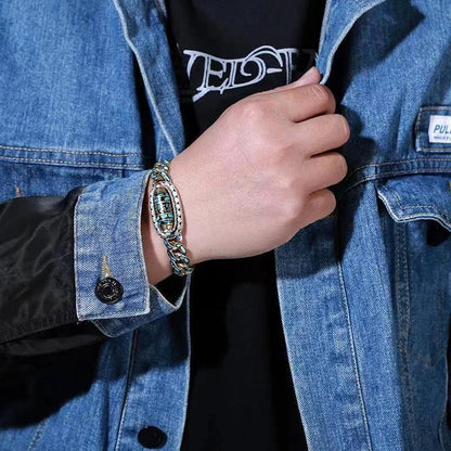 Men's Feng Shui Copper Bracelet with rotating nine eye pearl and turquoise inlay