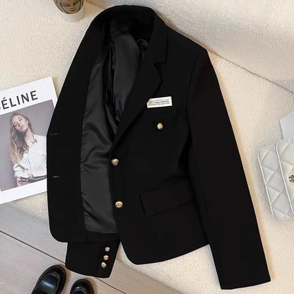 Black loose-fit women's short coat with long sleeves and pockets for college or commute wear.