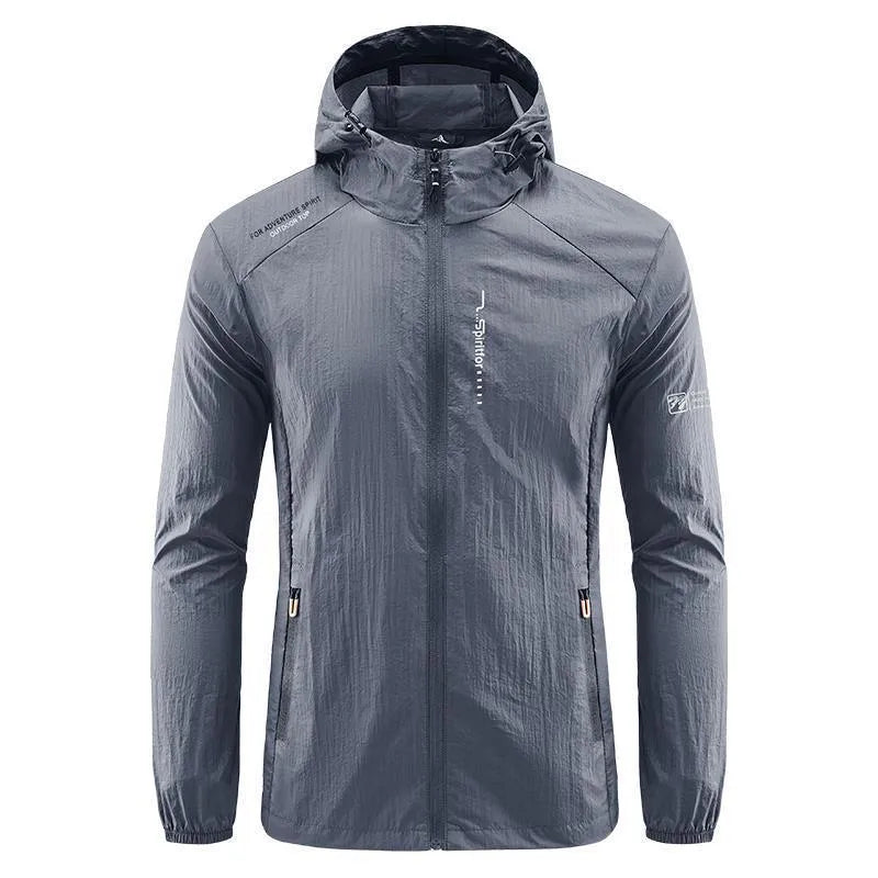 Light grey men's hooded nylon summer jacket on a hanger, loose fit.
