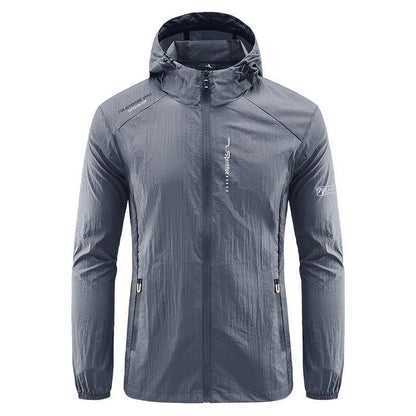 Light grey men's hooded nylon summer jacket on a hanger, loose fit.