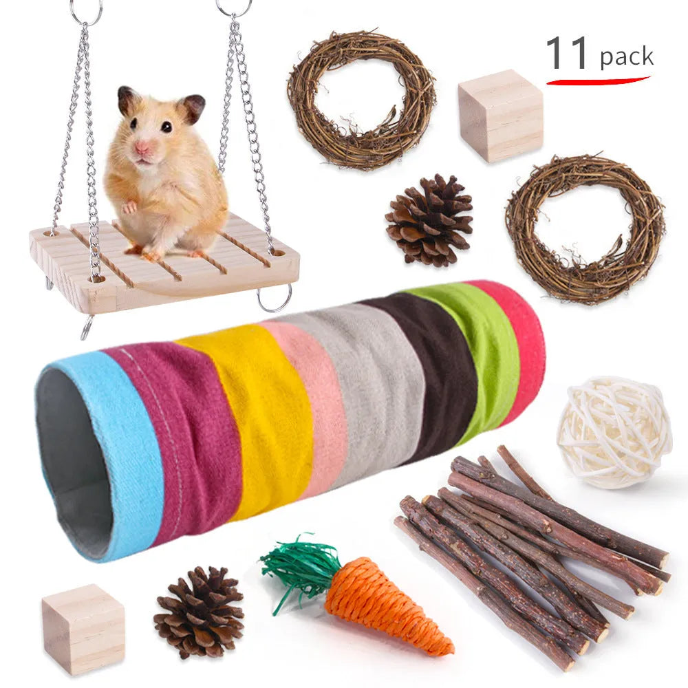 Assortment of wooden and natural fibre chew toys for small pets including balls, rings and woven shapes.