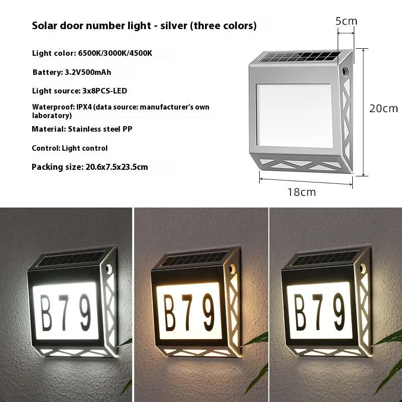 Solar powered outdoor doorplate light with waterproof housing and LED illumination