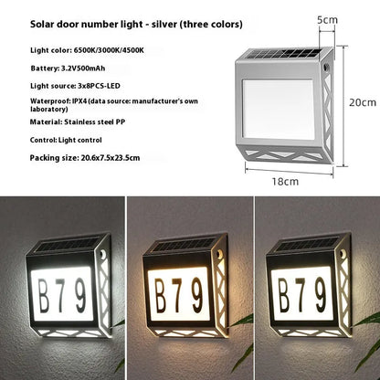 Solar powered outdoor doorplate light with waterproof housing and LED illumination